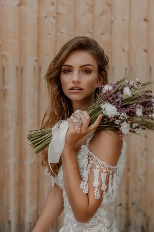 Eine Braut im Boho-Stil hält einen Strauß aus wilden, getrockneten Blumen und schaut mit einem intensiven Blick in die Kamera. Ihr langes Haar fällt sanft über ihre Schulter.
