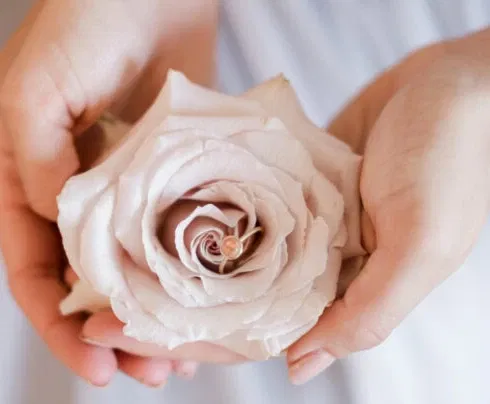Zwei Hände halten eine pastellfarbene Rose mit Eheringen in der Mitte – eine zarte Geste der Liebe und Erinnerung.