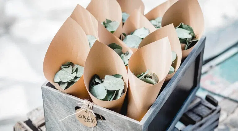 Eukalyptusblätter in kleinen Papierkegeln, arrangiert in einer Holzkiste, als stilvolle Alternative zu traditionellem Hochzeitskonfetti.