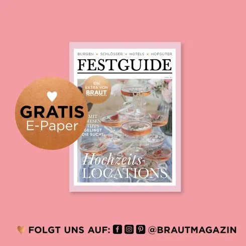 Titelbild des Festguide Magazins mit Champagnergläsern in eleganter Pyramide – Übersicht der schönsten Hochzeitslocations in Burgen, Schlössern und Hotels.