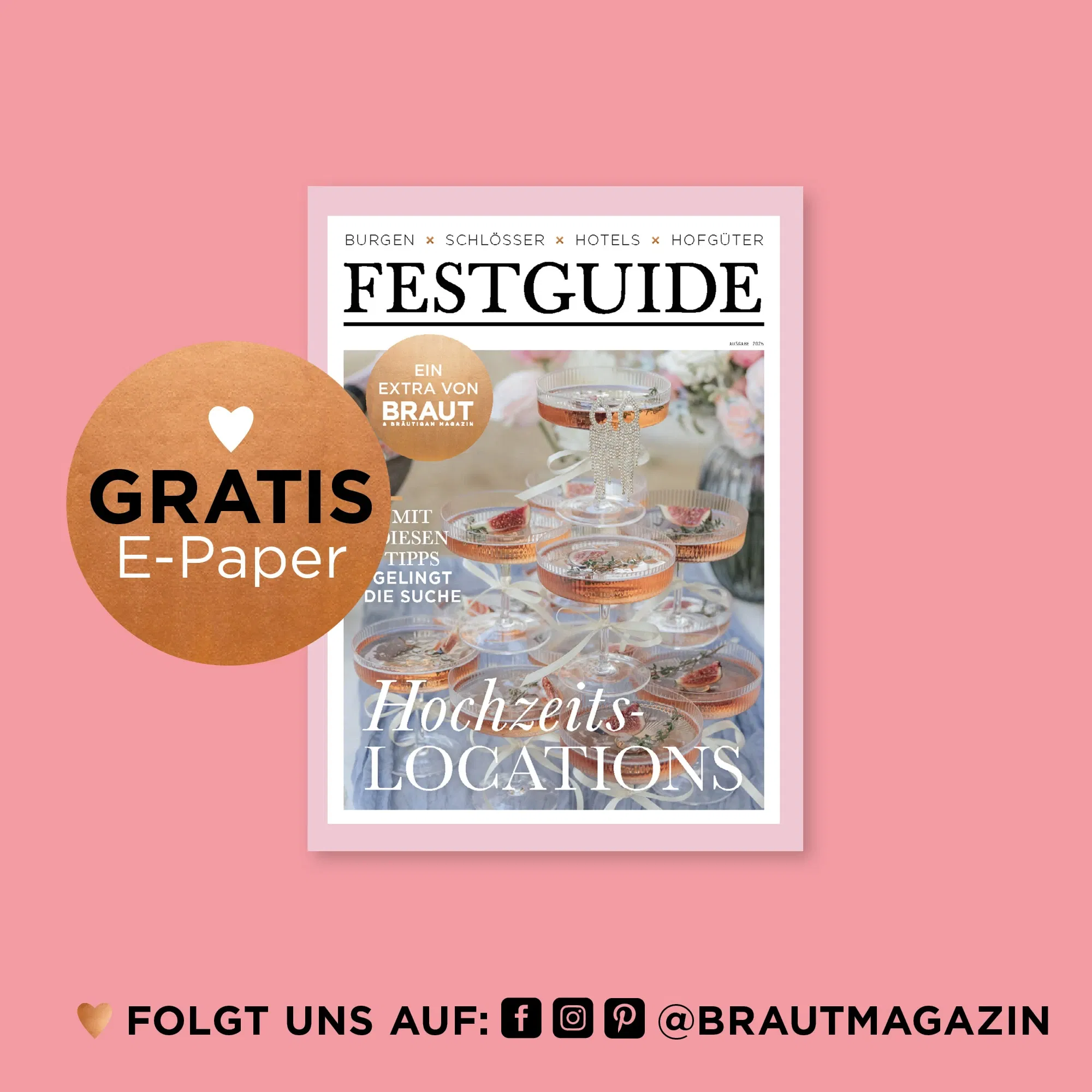 Titelbild des Festguide Magazins mit Champagnergläsern in eleganter Pyramide – Übersicht der schönsten Hochzeitslocations in Burgen, Schlössern und Hotels.