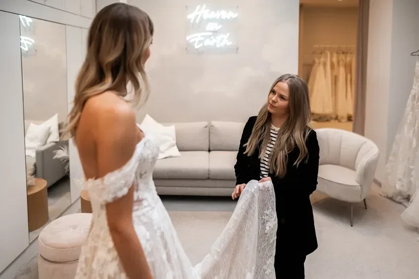 Eine Braut trägt ein schulterfreies Spitzenkleid und steht vor einem Spiegel, während eine Stylistin den Saum des Kleides richtet. Der Raum ist elegant mit einem Sofa und einem Schild mit der Aufschrift 'Heaven on Earth' dekoriert.