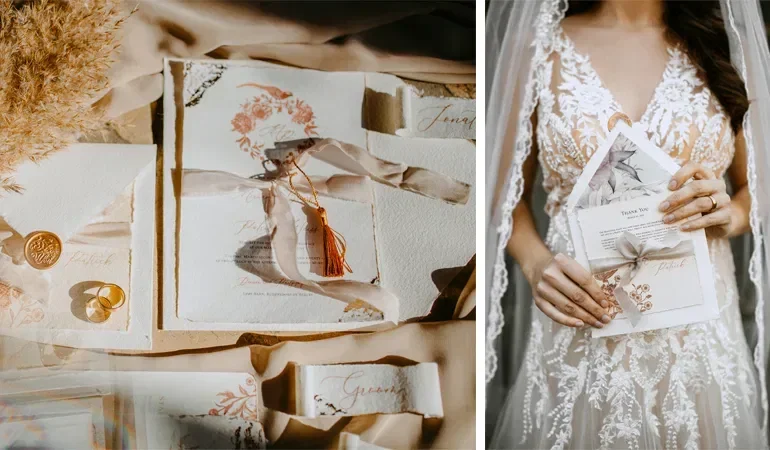 Hochzeits-Papeterie mit handgeschöpftem Papier, feinen Bändern und Siegelwachs, kunstvoll arrangiert neben Trauringen und Pampasgras. Die Braut hält eine Danksagung in der Hand, passend zum edlen Design der Hochzeitseinladungen.