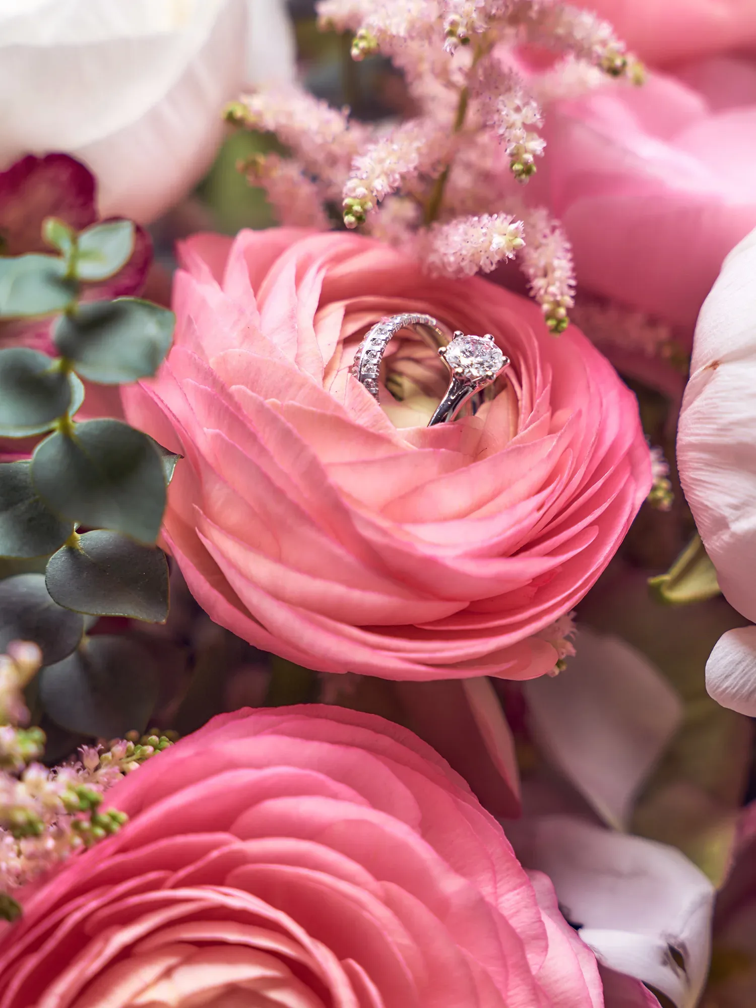 Ein Set von Eheringen, darunter ein Diamantring, sitzt eingebettet in eine üppige rosa Ranunkelblüte. Die umgebenden Blumen und Blätter in Rosa und Grün verleihen dem Bild eine natürliche Eleganz und verstärken den romantischen Charakter.