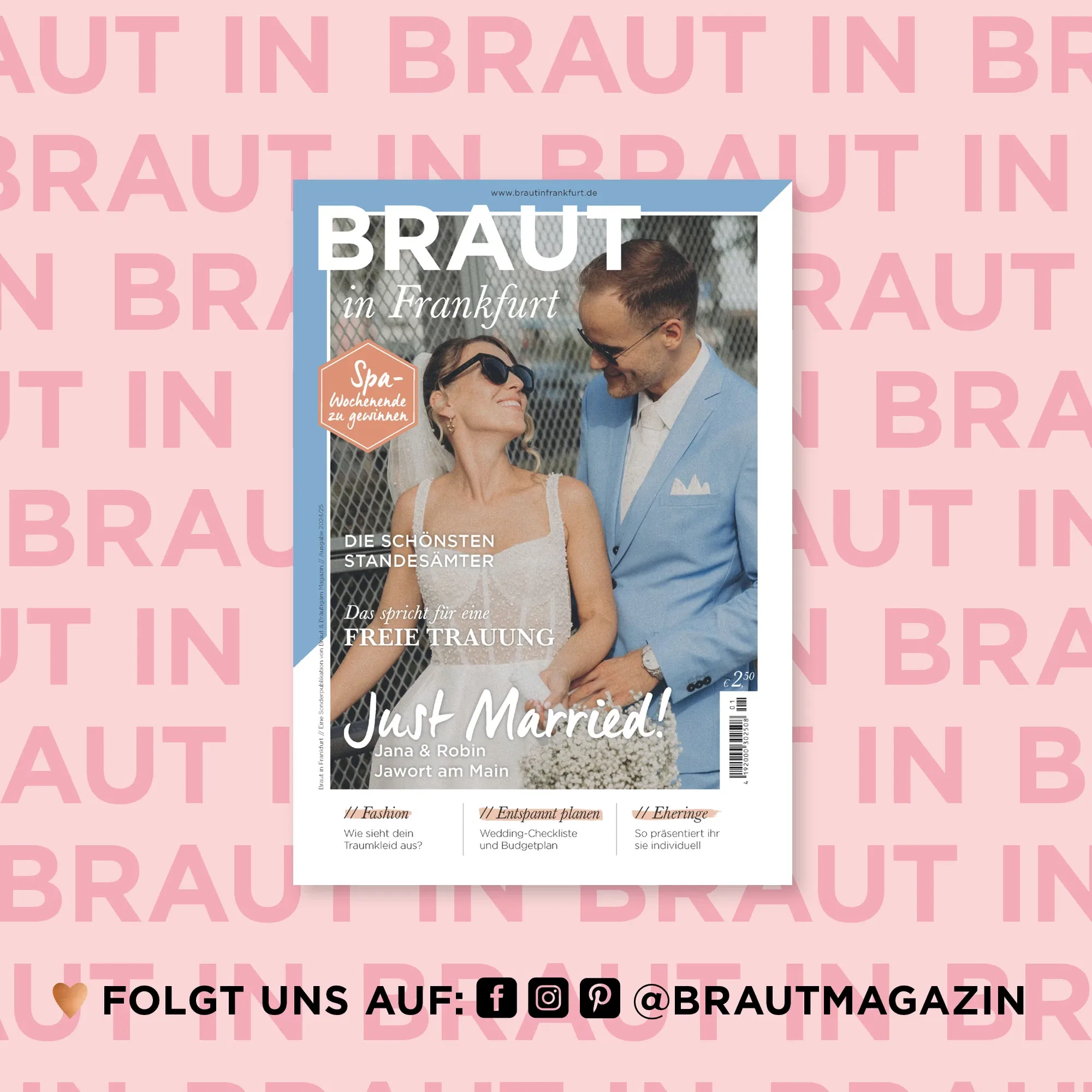 Cover des Magazins BRAUT in Frankfurt mit einem modernen Brautpaar in Sonnenbrillen – Tipps zu freien Trauungen und Standesämtern in Frankfurt