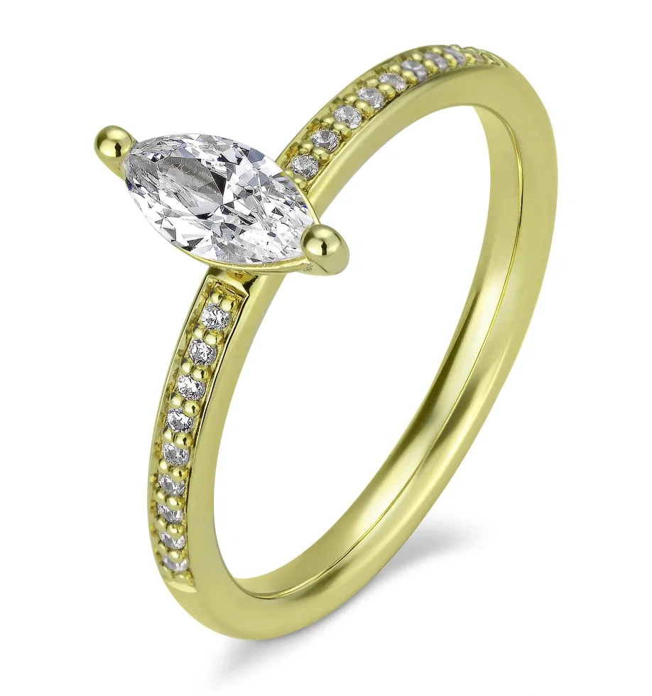 Der Solitärstein im Ring von Breuning ist in einem länglichen Marquise-Schliff gehalten.