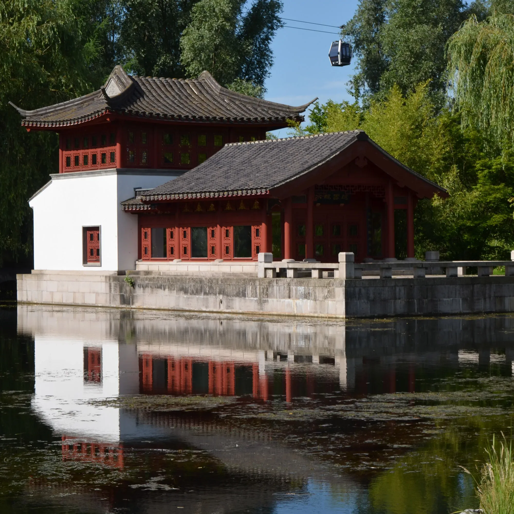 Im Chinesischen Garten befindet sich ein traditionelles Gebäude mit roten Säulen und einem verzierten Dach, das direkt an einem Teich steht. Die Reflexion im Wasser und die grüne Umgebung verleihen der Szene Ruhe und Harmonie.