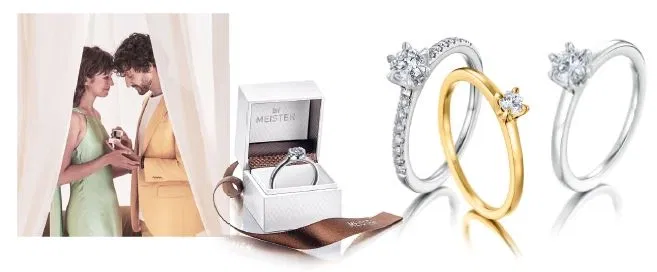 Verlobungsringaktion von Meister. Bild mit einem Brautpaar, einer Ringbox und drei Solitärringen.
