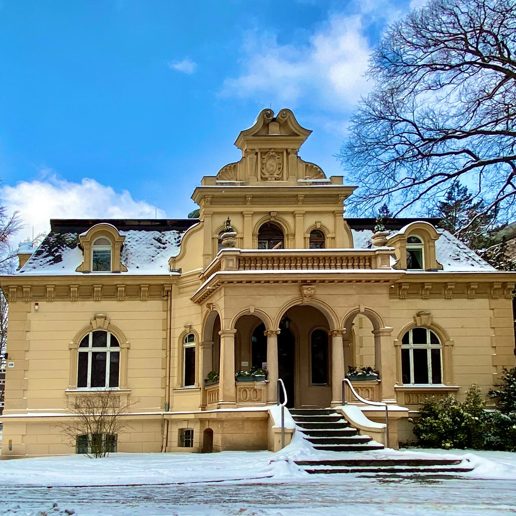 Die Sidonie-Scharfe-Villa, ein elegantes Herrenhaus mit schneebedecktem Dach und kunstvollen Verzierungen, steht majestätisch in einer verschneiten Landschaft. Die Architektur zeichnet sich durch dekorative Rundbögen und ein imposantes Eingangsportal aus.