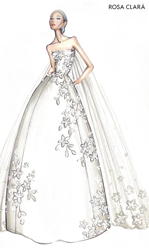 Eine detaillierte Skizze eines eleganten Brautkleids von Rosa Clará. Das Kleid ist schulterfrei und mit floralen Applikationen versehen, während ein langer, durchsichtiger Schleier den Look vervollständigt.