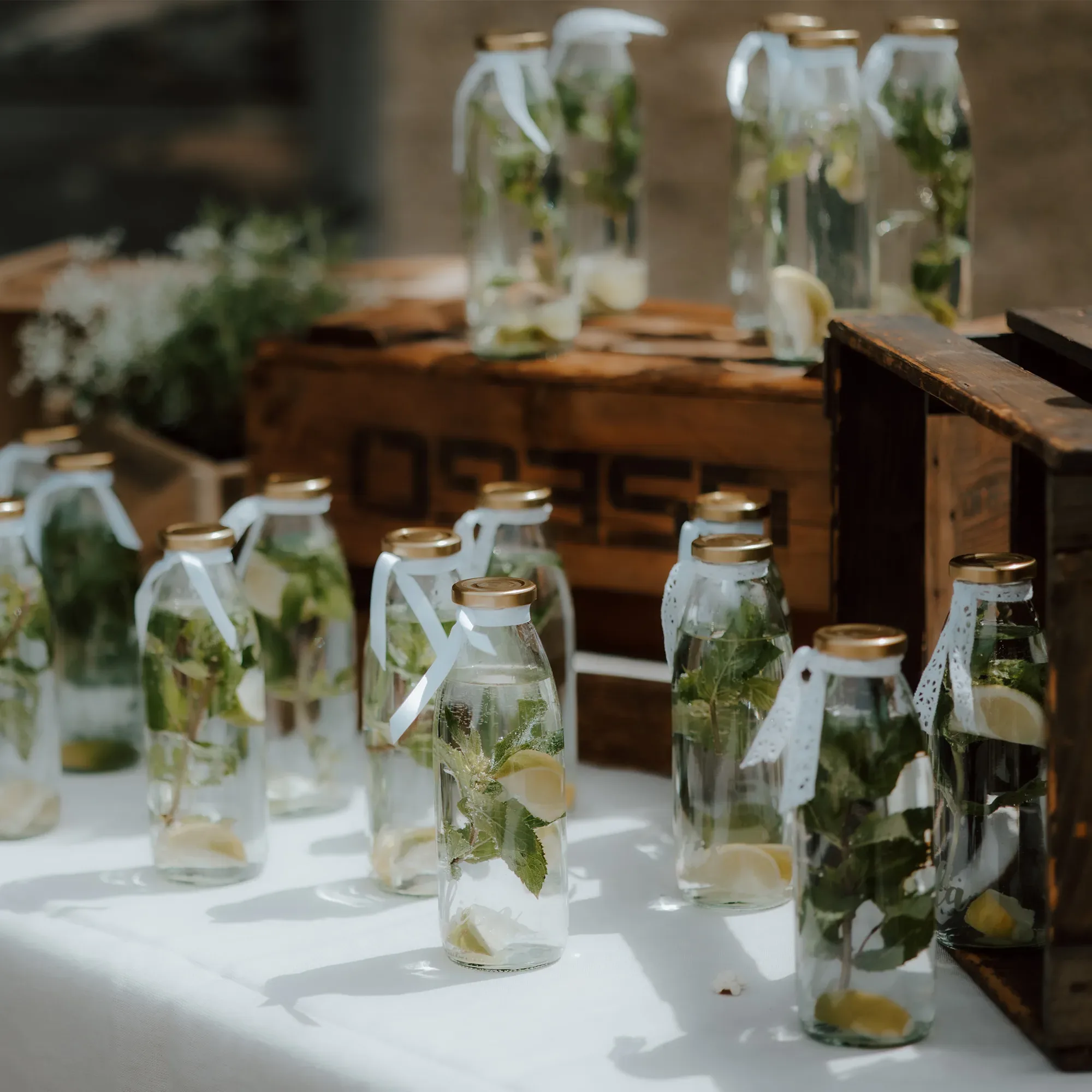 Mehrere Glasflaschen mit erfrischendem Wasser, Minze und Zitronenscheiben, verziert mit weißen Schleifen, sind als Gastgeschenke auf einem Tisch arrangiert.