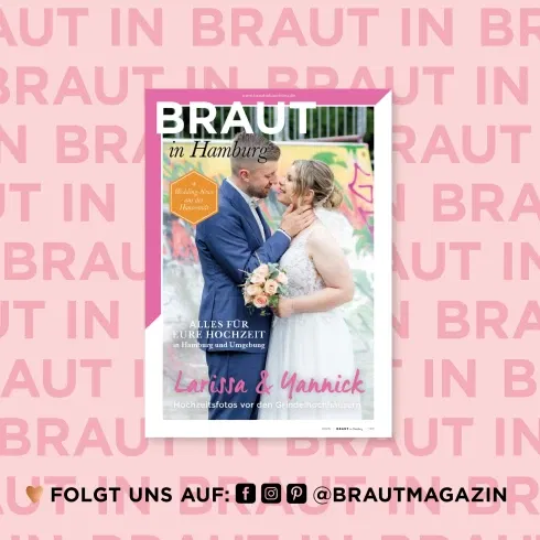 Titelcover des Magazins BRAUT in Hamburg mit einem Brautpaar vor bunter Kulisse – Inspirationen und Tipps für Hochzeiten in Hamburg und Umgebung.