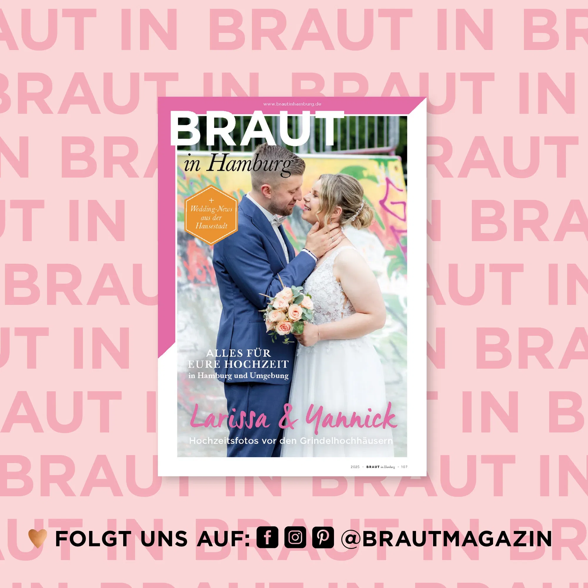 Titelcover des Magazins BRAUT in Hamburg mit einem Brautpaar vor bunter Kulisse – Inspirationen und Tipps für Hochzeiten in Hamburg und Umgebung.