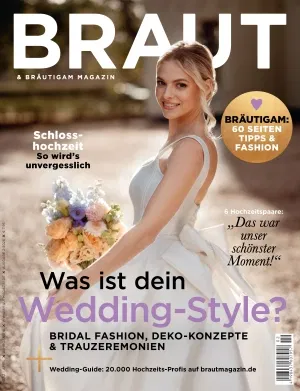 Die März-April Ausgabe des Braut & Bräutigam Magazin, zu sehen ist eine Braut mit einem pastellfarbenen Brautstrauß