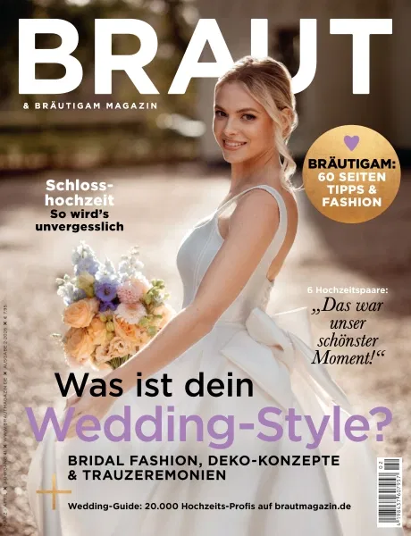 Die März-April Ausgabe des Braut & Bräutigam Magazin, zu sehen ist eine Braut mit einem pastellfarbenen Brautstrauß