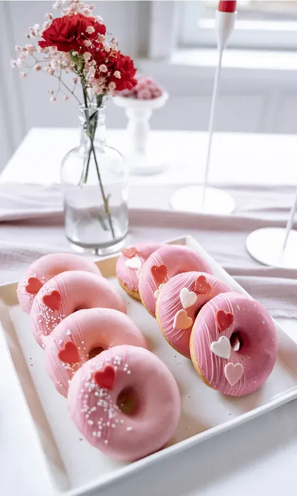 Ein Teller mit rosa glasierten Donuts, dekoriert mit kleinen Herzmotiven, auf einem elegant gedeckten Tisch.
