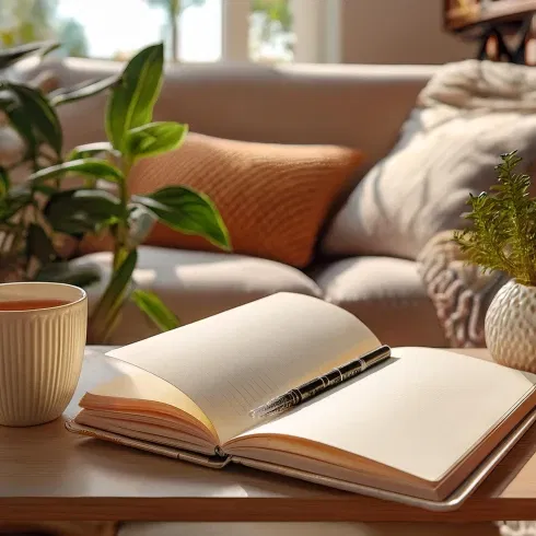 Ein offenes Notizbuch liegt auf einem Kaffeetisch, daneben ein Stift und eine Tasse Tee. Im Hintergrund sind Pflanzen und Kissen zu sehen, die eine ruhige und gemütliche Atmosphäre schaffen. Das warme Sonnenlicht fällt sanft in den Raum und unterstreicht die entspannte Stimmung.