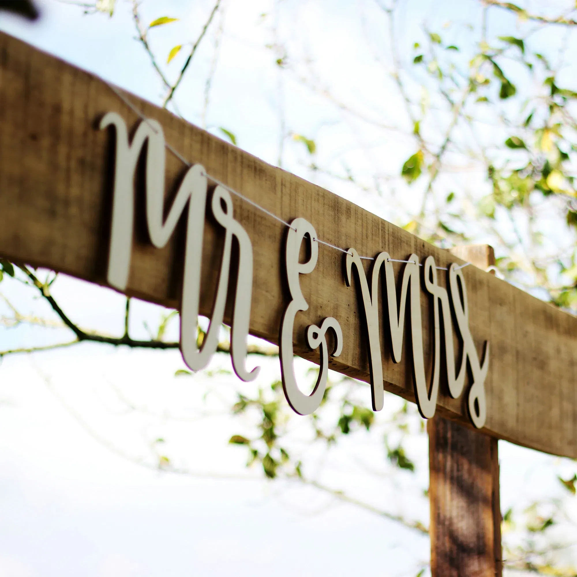 Rustikales Hochzeitsschild aus Holz mit „Mr & Mrs“-Schriftzug, umgeben von grünen Blättern, perfekt für eine natürliche Hochzeitsdeko.