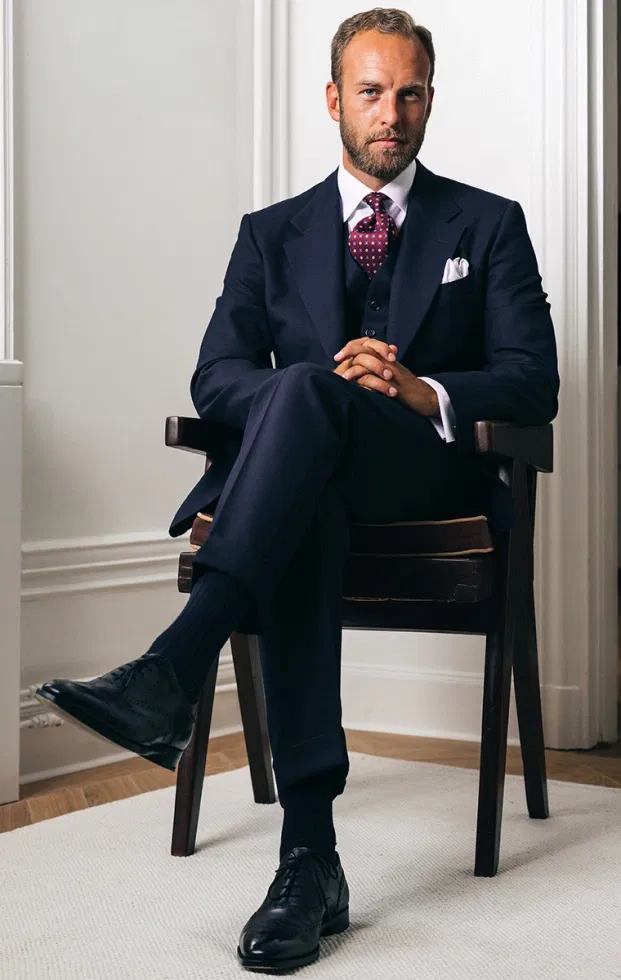 Mann in dunkelblauem Dreiteiler sitzt auf einem Stuhl und blickt direkt in die Kamera.