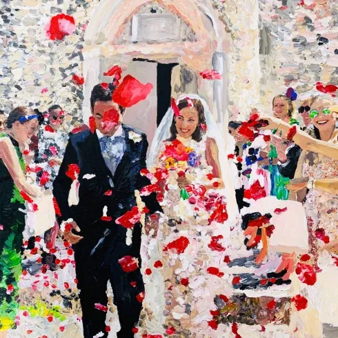 Gemälde eines Brautpaars beim Auszug aus der Kirche, umgeben von Gästen und roten Blütenblättern – festgehalten in leuchtender, expressiver Malerei.