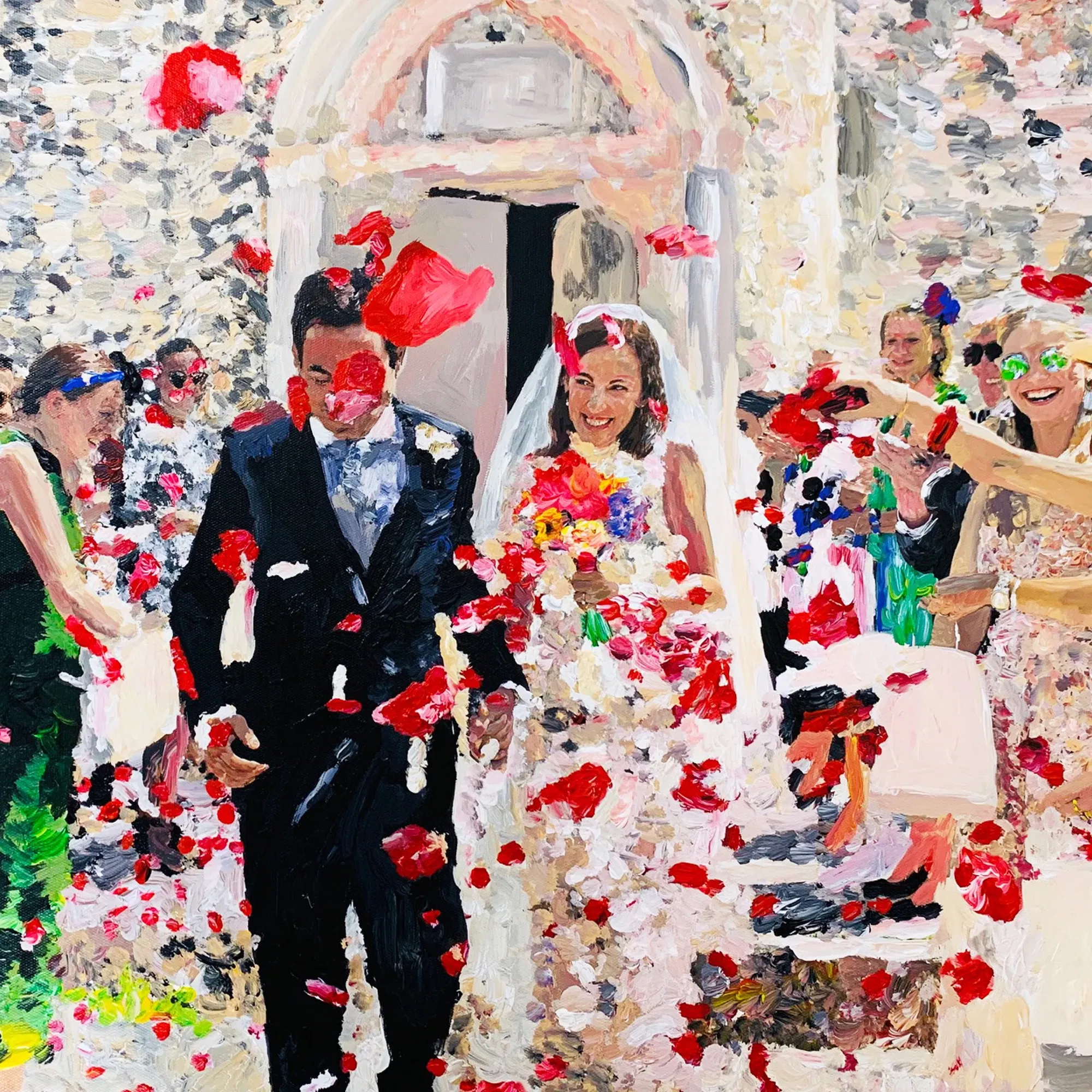 Gemälde eines Brautpaars beim Auszug aus der Kirche, umgeben von Gästen und roten Blütenblättern – festgehalten in leuchtender, expressiver Malerei.
