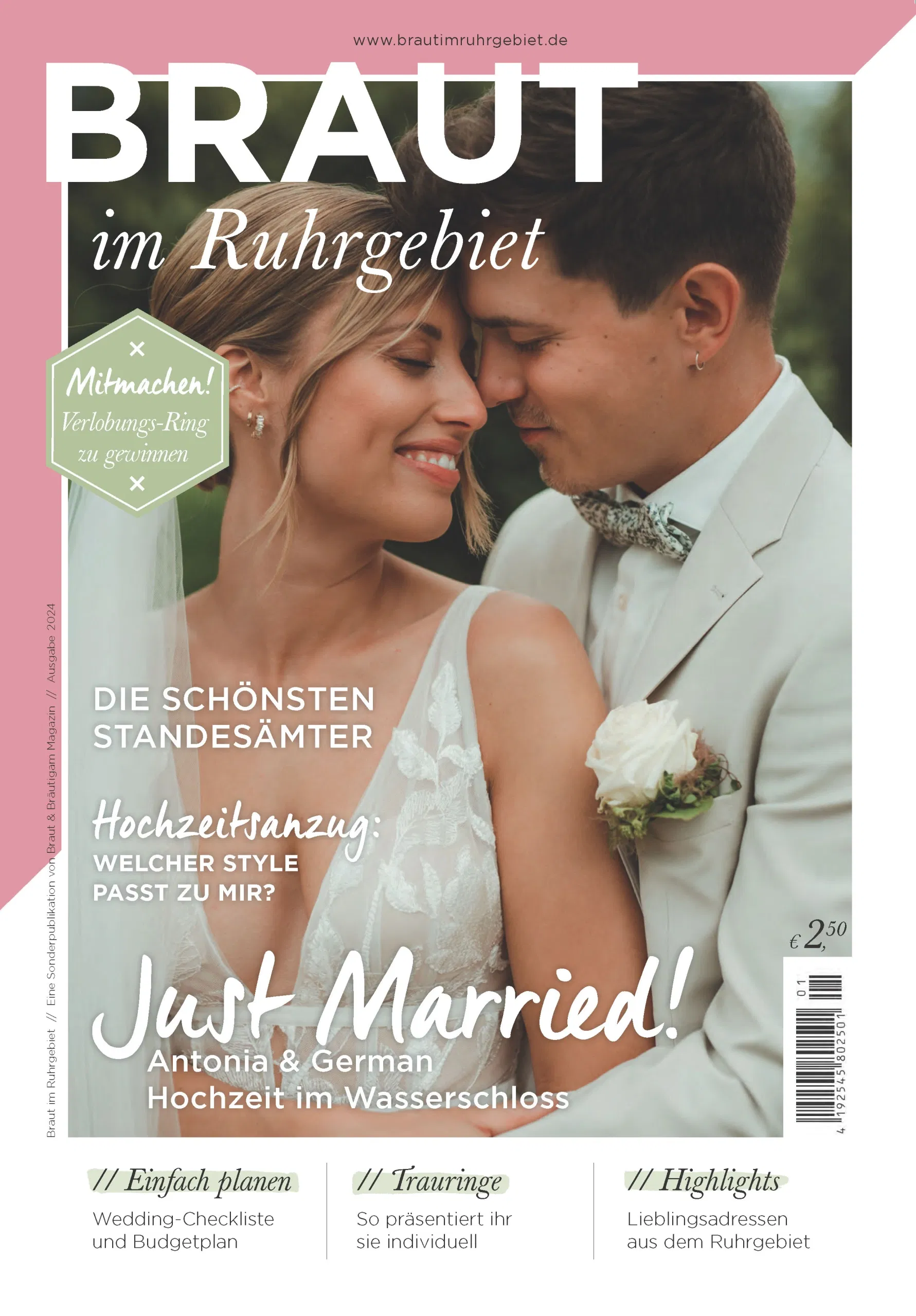 Cover des Magazins Braut im Ruhrgebiet 2024 mit einem lächelnden Brautpaar in liebevoller Umarmung – Thema: Standesämter, Hochzeitsanzüge und Planungstipps für Hochzeiten im Ruhrgebiet.