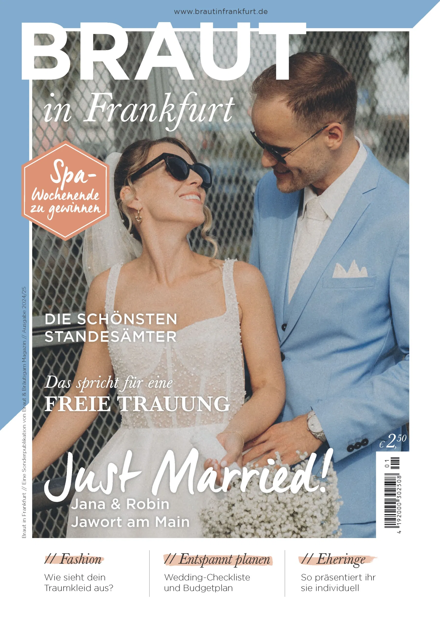 Titelbild des Magazins Braut in Frankfurt 2024/25 mit einem modernen Brautpaar in Sonnenbrillen – Thema: freie Trauungen, Mode und Hochzeitsplanung am Main.