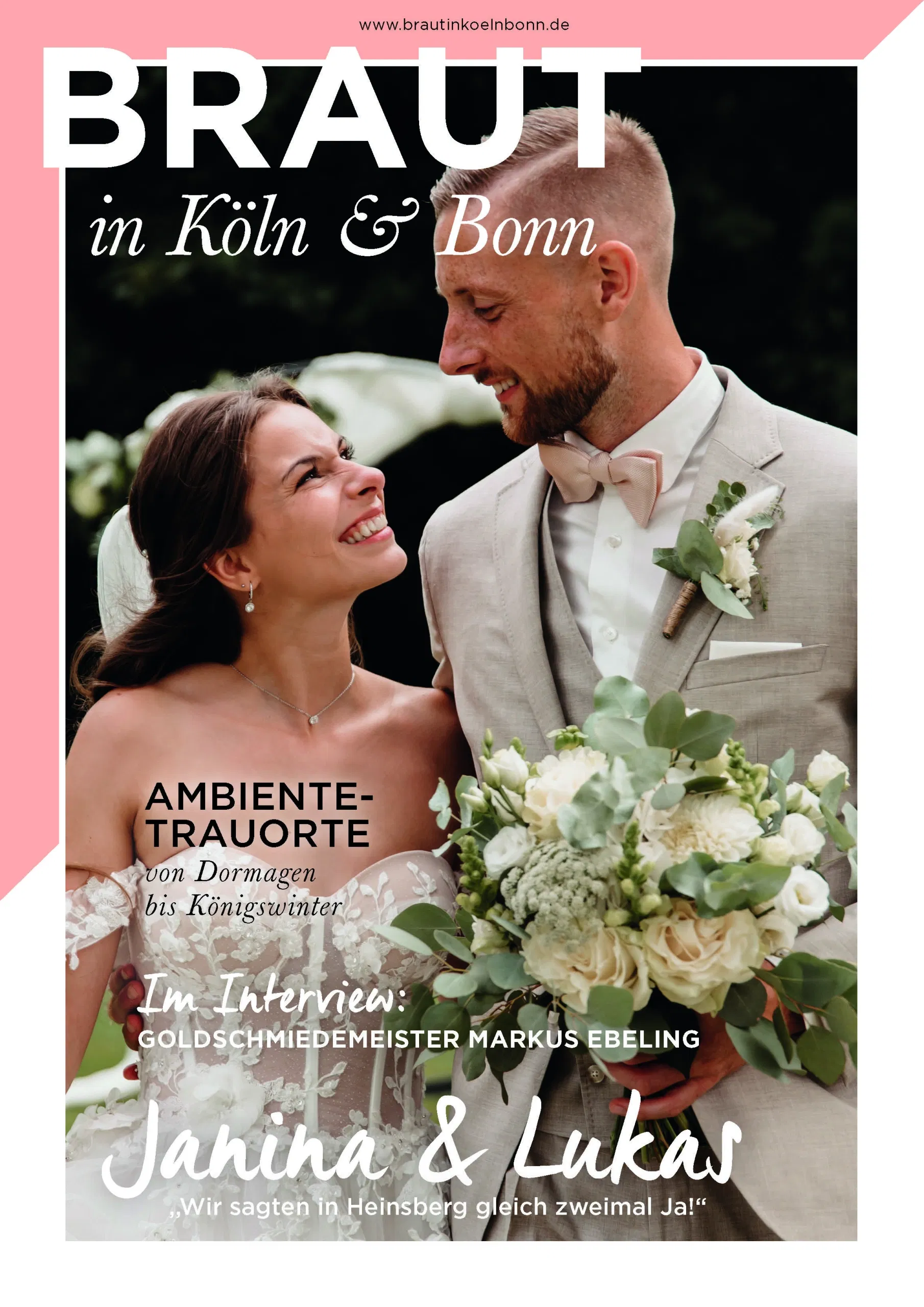 Titelbild von Braut in Köln & Bonn 2025 mit einem lachenden Brautpaar in beigen Hochzeitsoutfits – Thema: Ambiente-Trauorte und Interviews aus der Region.