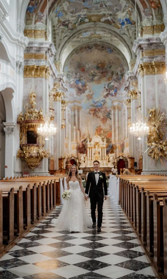 Braut und Bräutigam gehen Hand in Hand durch den Mittelgang der prunkvollen Kirche nach der Trauung.