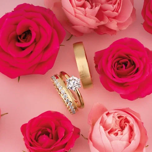 Romantisches Titelmotiv von Saint Maurice: Trauringe und Verlobungsring zwischen rosafarbenen Rosen arrangiert.