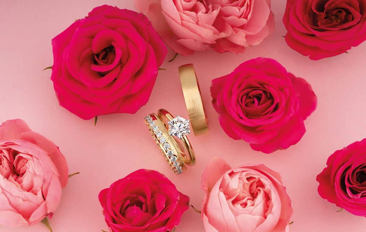 Romantisches Titelmotiv von Saint Maurice: Trauringe und Verlobungsring zwischen rosafarbenen Rosen arrangiert.