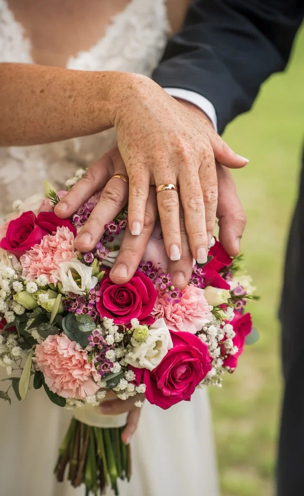 Hände des Brautpaares liegen übereinander auf einem farbenfrohen Brautstrauß, die Eheringe sind deutlich sichtbar