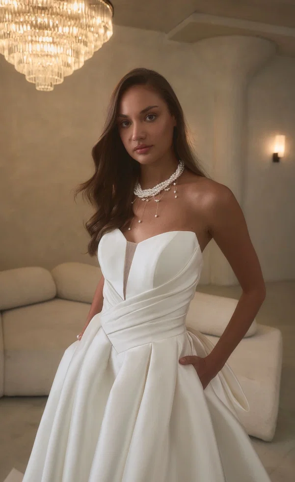 Braut in einem eleganten, schlichten Brautkleid mit tiefem V-Ausschnitt und drapierter Taille, kombiniert mit einer mehrreihigen Perlenkette, stehend in einem stilvollen Interieur unter einem Kronleuchter.