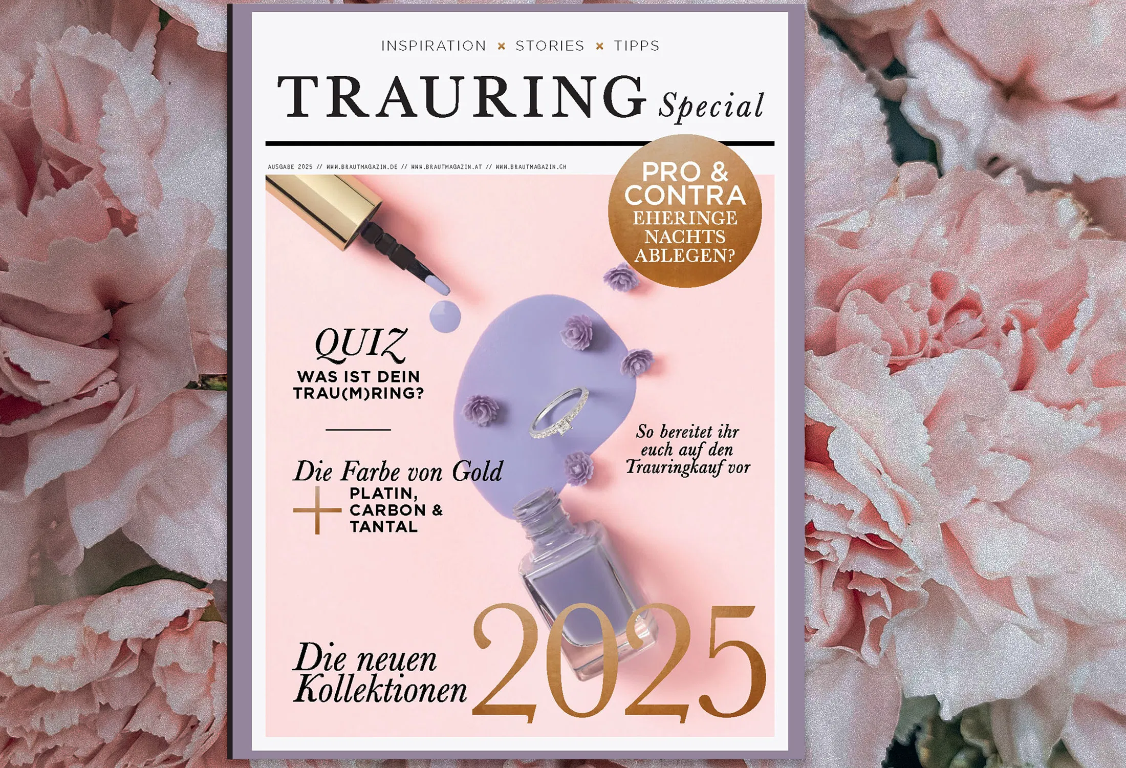 Cover des „Trauring Special 2025“ mit pastellfarbenem Hintergrund, Ehering auf lilafarbener Fläche, Nagellackflasche und floralen Elementen, Schwerpunkt auf neuen Ringkollektionen und Materialien.